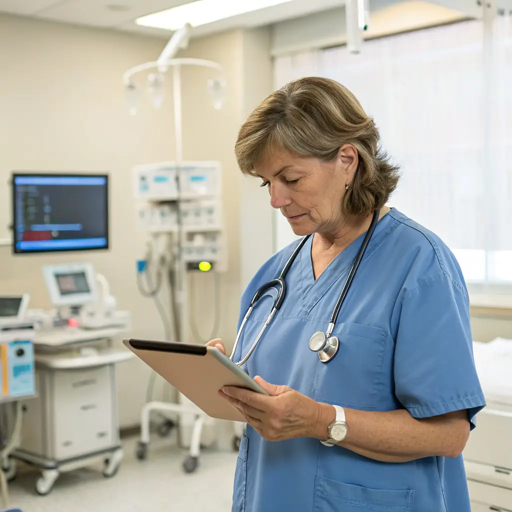 A healthcare professional reviewing a patient's health records during a consultation in a modern clinic, illustrating thorough medical evaluations.